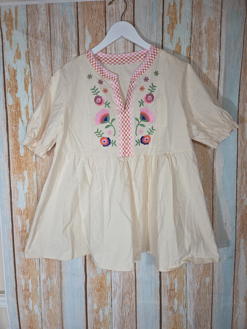 Women's Cream Peplum Top with Pink & Red Floral Embroidery. Size Large